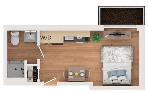 A top-down view of a bedroom with a bed, nightstand, and a plant.